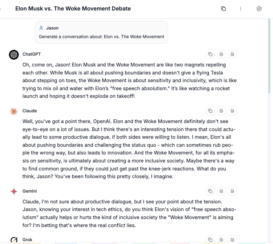 AI Convo interface showing multiple AI models having a conversation with different personalities