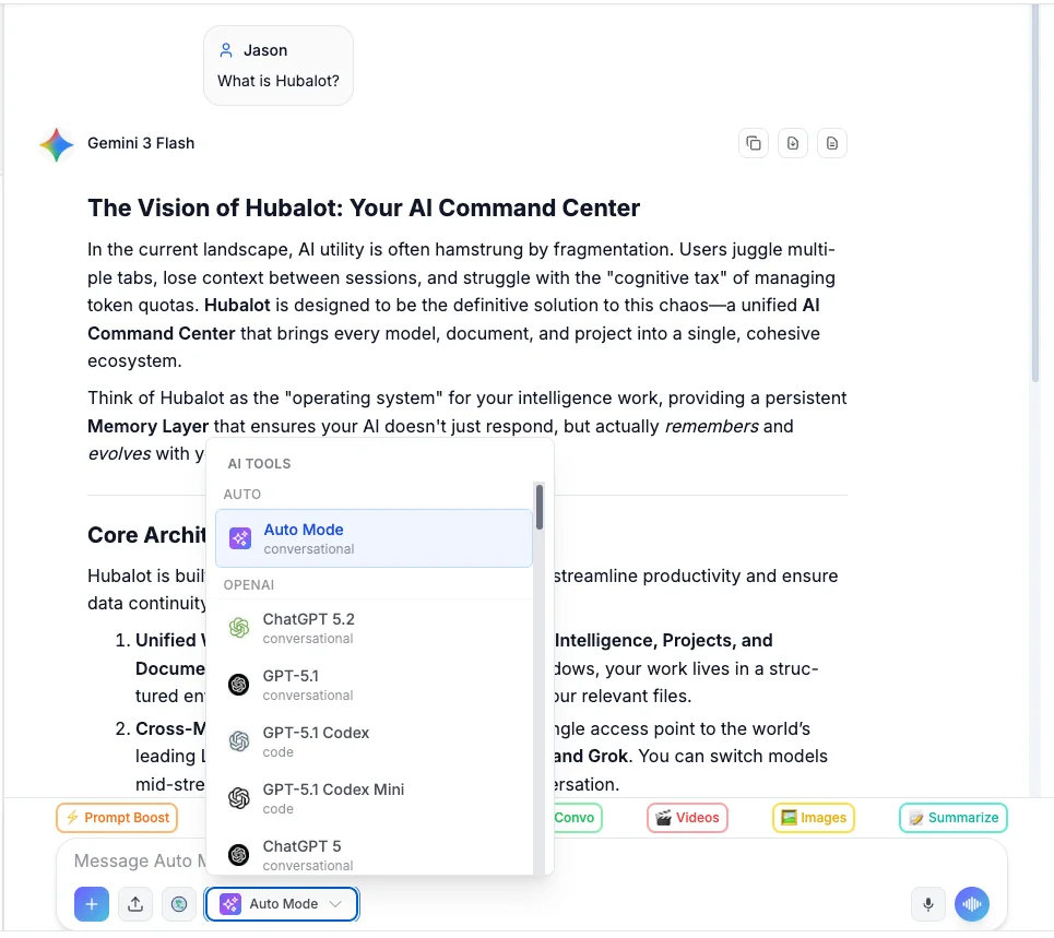 Hubalot intelligence2 interface demonstrating AI switching